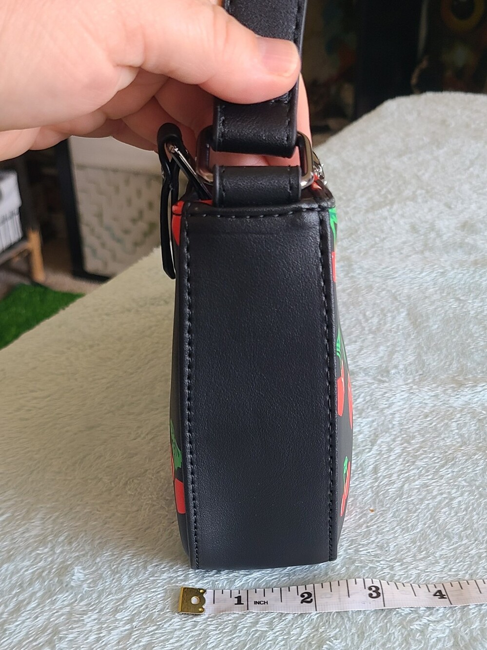 Betsey Johnson Black Cherry Print Crossbody Bag with Red Charm - Picture 11 of 14